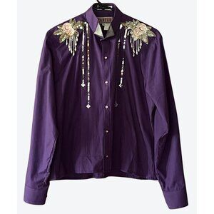 Wanted By Beads Beautiful Vintage Medium Purple Silver Pink Floral Sequin Shirt